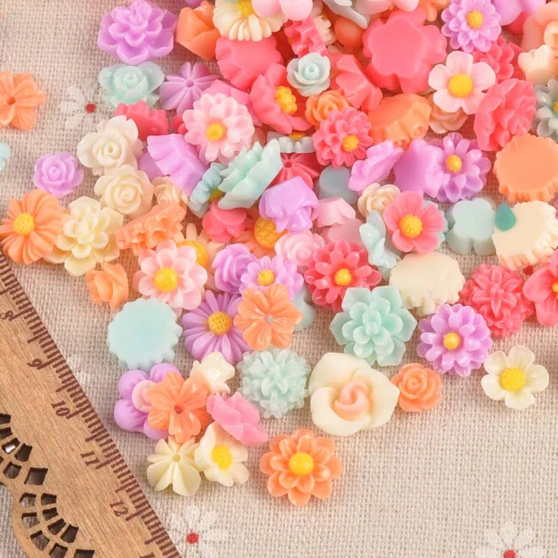 50PCS multicolor Flower flatback Resin Cabochons Scrapbook Craft 7-13mm DIY Embellishments decor Headwear accessories CP1977