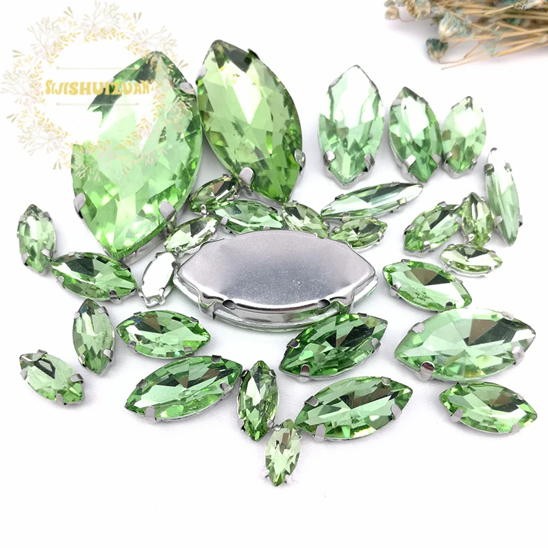 Popular!!  MIX Light green Horse eye Size Crystal Glass Sew-on Rhinestones Silver Bottom DIY Women's Dresses and shoes 30pcs