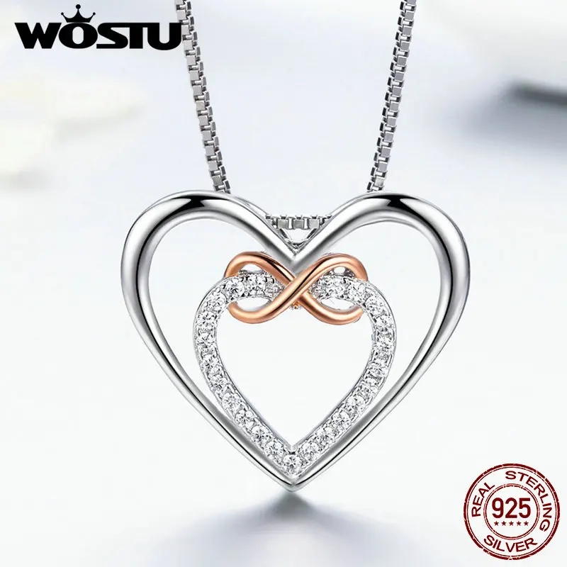 WOSTU Brand Authentic 925 Sterling Silver Delicate Heart into Heart Pendant Necklaces for Women Fine Jewelry Gift CQN121