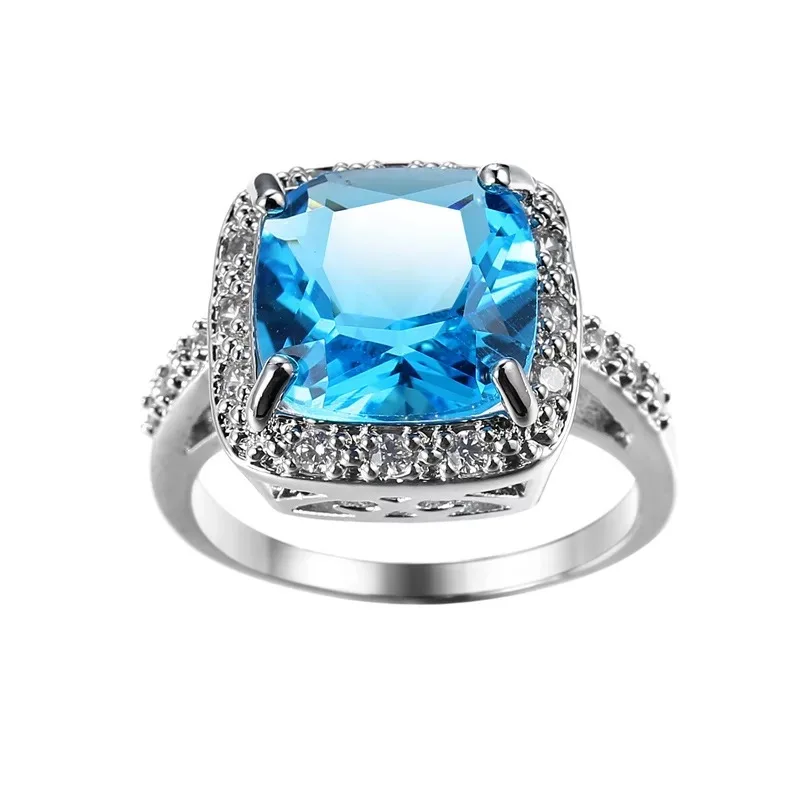 MGFam  Global Hot Sea Blue Square Rings For Women New 2018 White Gold color AAA+ Cubic Zircon