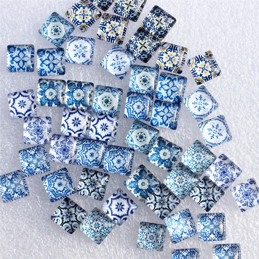 10mm Square Blue and white porcelain Mixed Style In Pairs Pattern Glass Cabochon Flatback Photo DIY Making Accessories 50pcs/lot