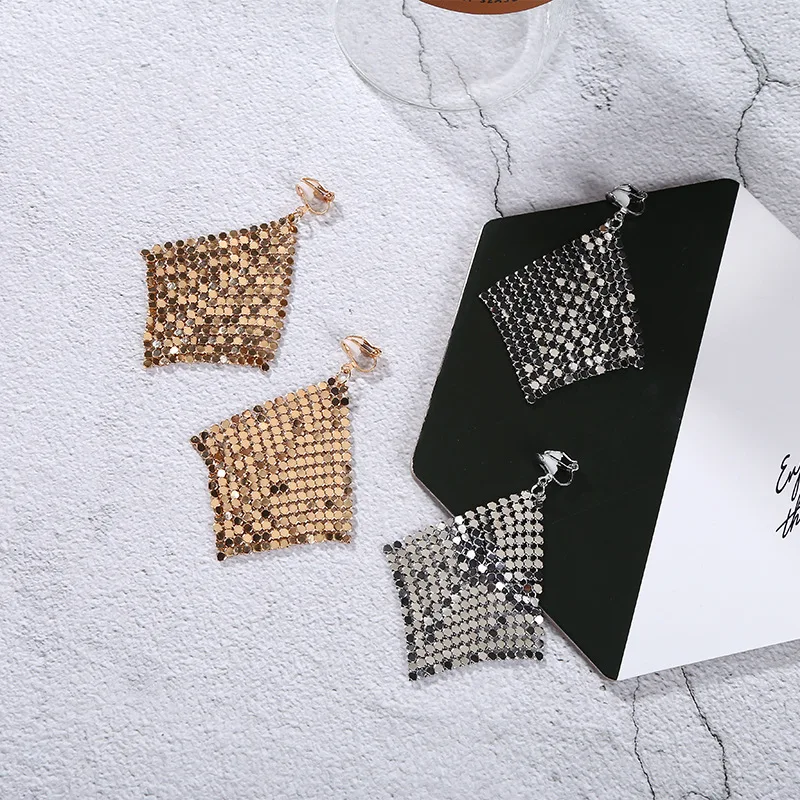 Geometric Oversize Full Shiny Wafers Connected Twinkling Square Dangle Earrings Silver Plated Golden Drop Earrings For Women