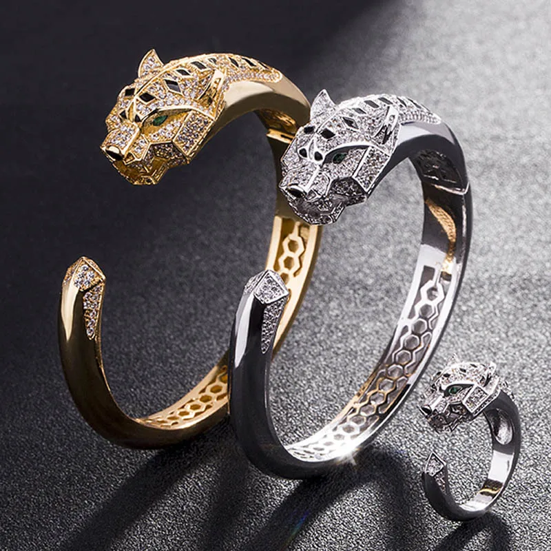 Zlxgirl Copper jewelry sets Tiger Animal Bangle &Ring Jewelry cubic Zircon Love Bangle Anel Men copper Anniversary Jewelry sets