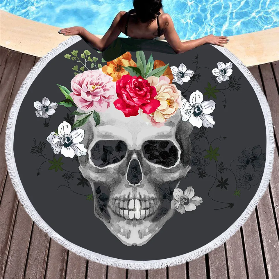 Yoga Blanket Floral Skull 150cm Round Microfiber Bikini Cover Up Beach Tassel Towel Swiming Shawl Thick Camping Mat Wall Hanging