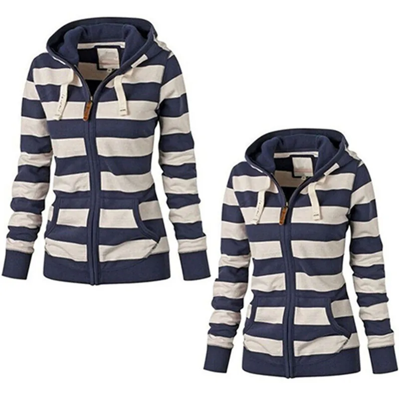 Women Warm Jacket Striped Hoodie Sweatshirt Top Hooded Pockets  Zipper Coat