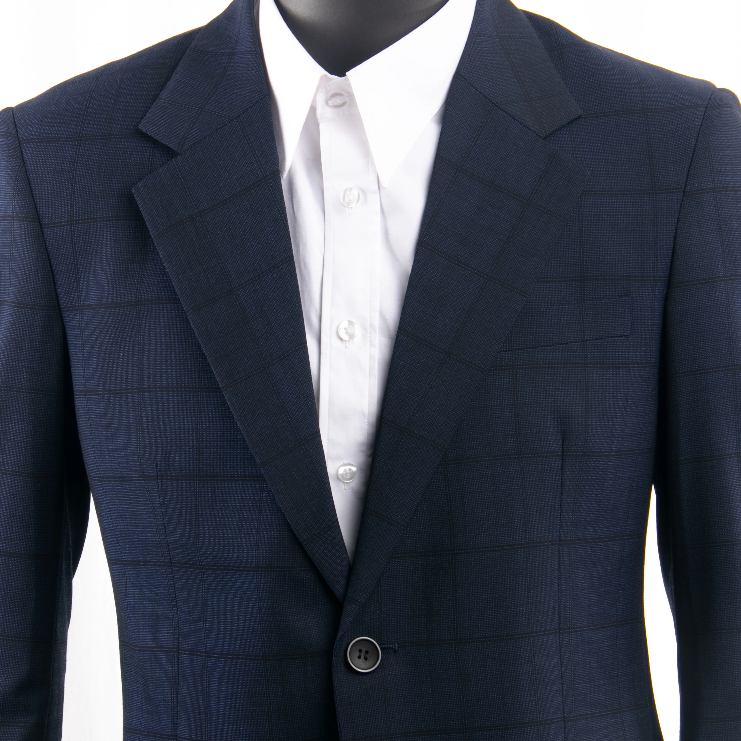 Smart Casual Navy Plaid Suit Custom Made Slim Fit Dark Blue Patterned Suits With Nailhead Pattern, Subtle Plaid Wool Blend Suit