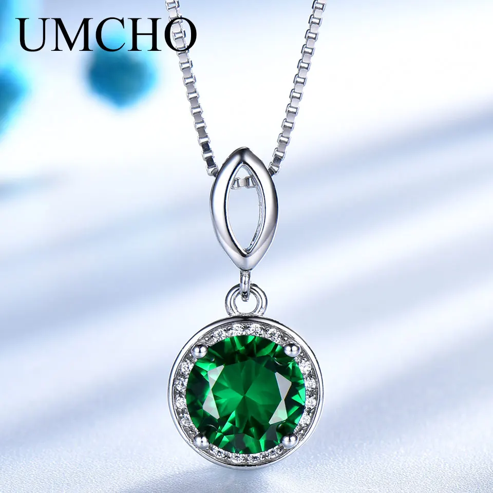 

UMCHO Necklace 925 Sterling Silver Jewelry Certified Natural Round Gemstone Emerald Pendant Luxury High Quality Women's Choker