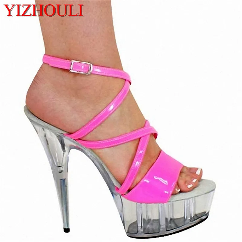 

Sexy romantic pink crystal sandals, 15cm ultra high thin and waterproof platform night club female wang yan, dancing shoes