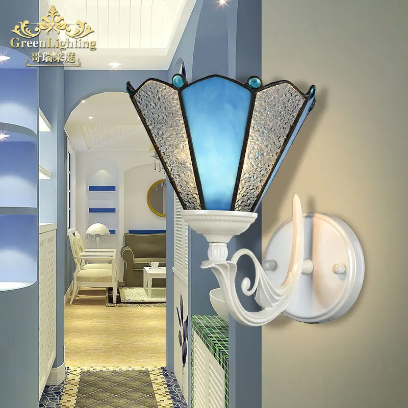 

Mediterranean style Wall Lights blue simple European pastoral bedside lamp stairs aisle TV wall mirror headlight single head