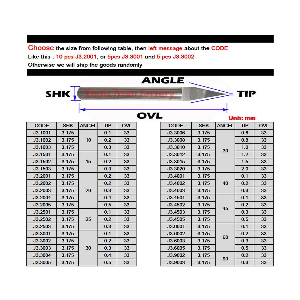 10Pcs 3.175mm Tungsten Bit V Shape Carbide PCB Engraving Bits CNC Router Tool Choose size J3.2501-3020 acrylic carving frezer