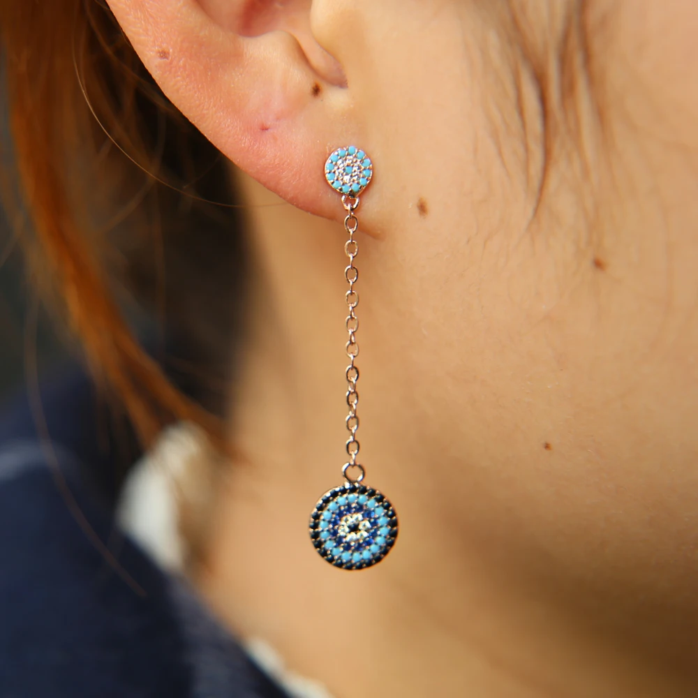 gorgeous round disco charm chain ear wire rose gold color fashion elegant women turkish evil eye nano turquoises dangle earring