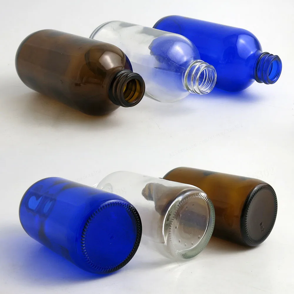 2pcs 480ml Big Refillable Amber Blue Clear Boston Round Glass Bottles with Aluminum lids 16 oz Large Glass Containers