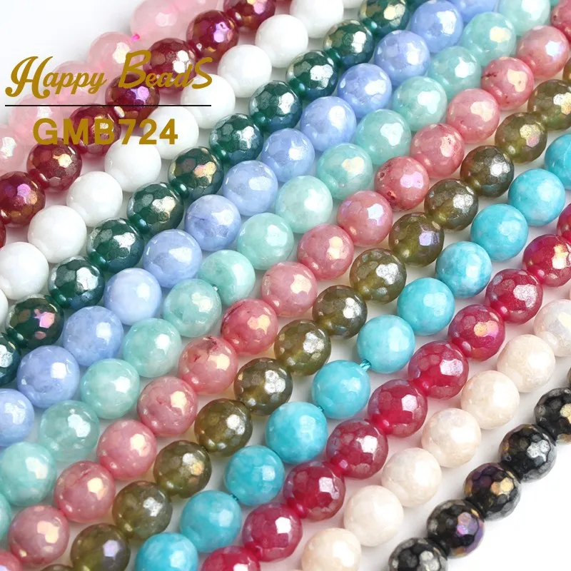 8MM Faceted Pink Black White Red Plated Tourmaline Stone Beads Round Loose Beads For Jewelry Making DIY Bracelets 15\'\'Strand