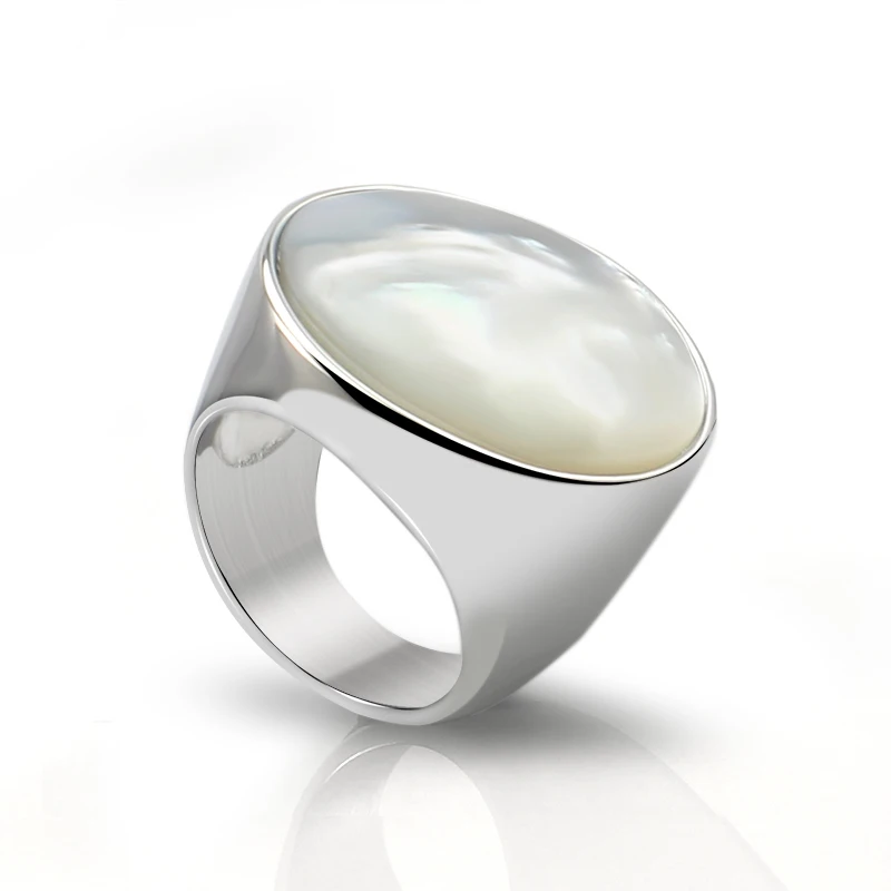 316L stainless steel product add mother of pearl women ring silver color fashion bezel setting  wide interface jewelry