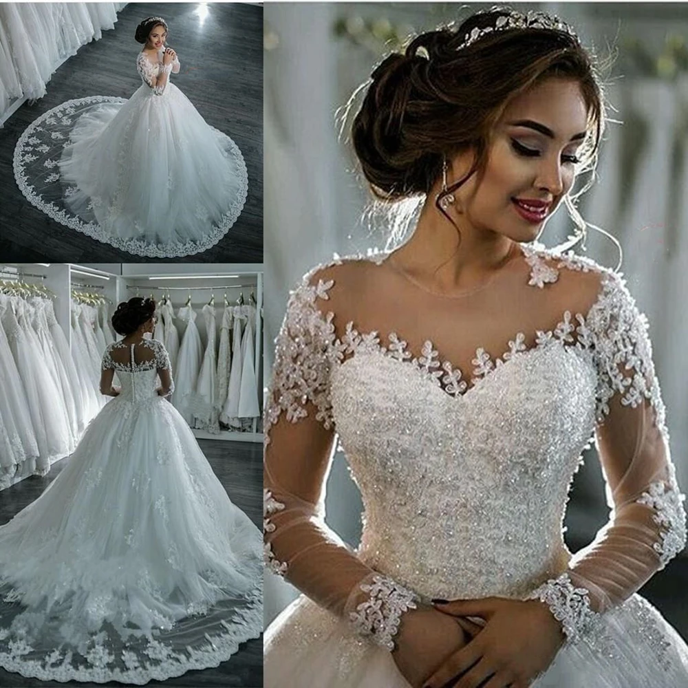 Dubái-vestidos De Novia elegantes De manga larga, traje De boda De corte en A con cuello De tripulación pura, Apliques De encaje con cuentas, novedad De 2021