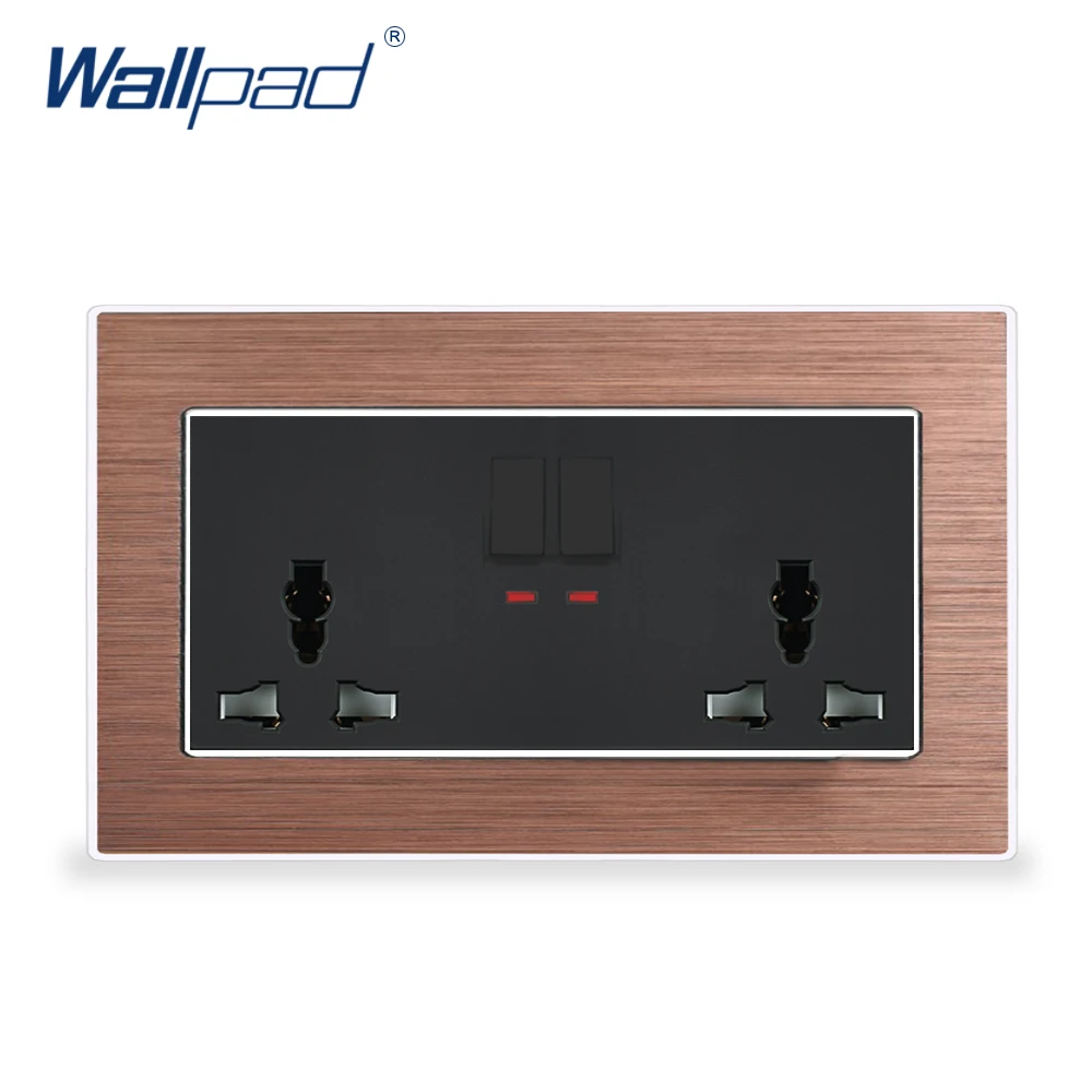 Double 6 Pin Universal Socket With Switches Wallpad Wall Light Switch Satin Metal Panel 146 Switched Wall Power Outlet with Neon