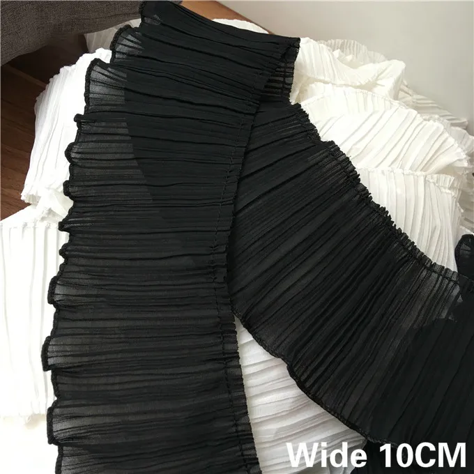 10CM Wide White Black Pleated Chiffon Lace Collar Elastic Ruffle Trim For Garment Dress Folded Sewing Guipure Fringe Accessory