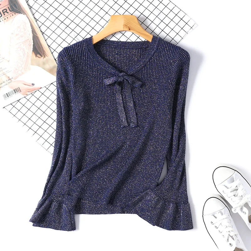 

New Fashion Shiny Women Knitted Sweater Long Sleeve Ruffle Knitting Pullover Lace Bow Flare Women Basic Sweaters D360