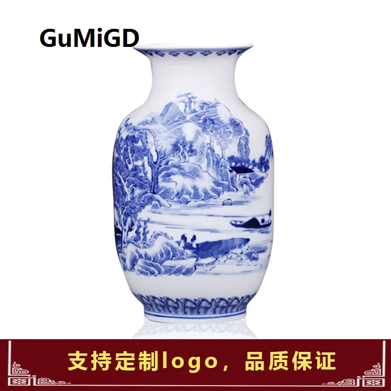 

Jingdezhen Ceramics Chinese-style Ancient Blue and White Landscape Porcelain Vase, Bo Ancient Frame and Porcelain Ornaments