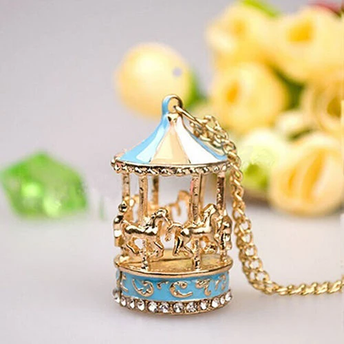 Sweet Enamel Carousel Merry Go Round Horse Charm Pendant Necklaces Sweater Chain Necklace Women Gift Fashion Jewelry 2020