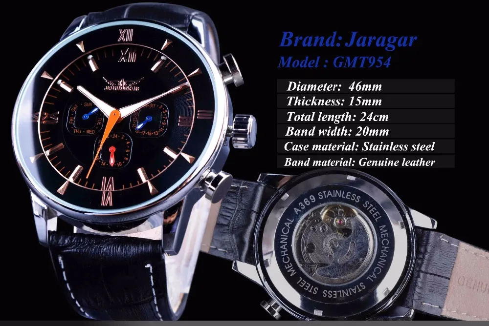 Jaragar Classic Automatic 6 Hands Calendar Luminous Hands Black Leather Band Mens Watches Business Luxury Mechanical Male Clock