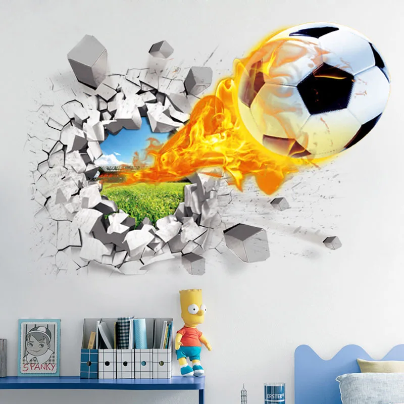 

3D Football Broken Wall Sticker For Kids Room Living Room Sports Decoration Mural Wall Stickers Home Decor Decals Wallpaper