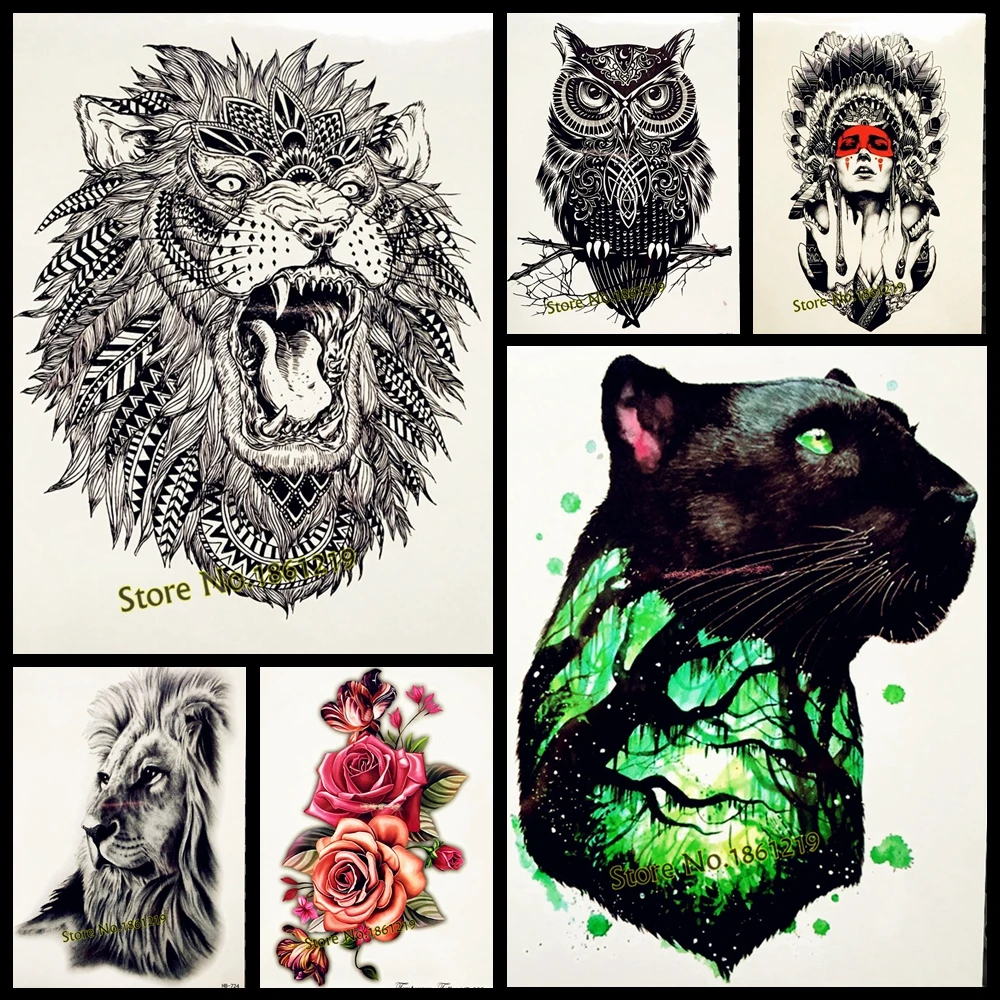 Hot Fashion Indian King Lion Head Designs Flash Tattoo Black Waterproof Tattoo Sticker GB496 Men Body Art Arm Sleeve Tatoo Guardian