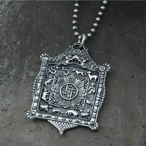 

925 Silver Nine Direction Eight Symbols Amulet Sterling Silver Tibetan Direction-Symbol Pendant Necklace Buddhist Vajra Pendant