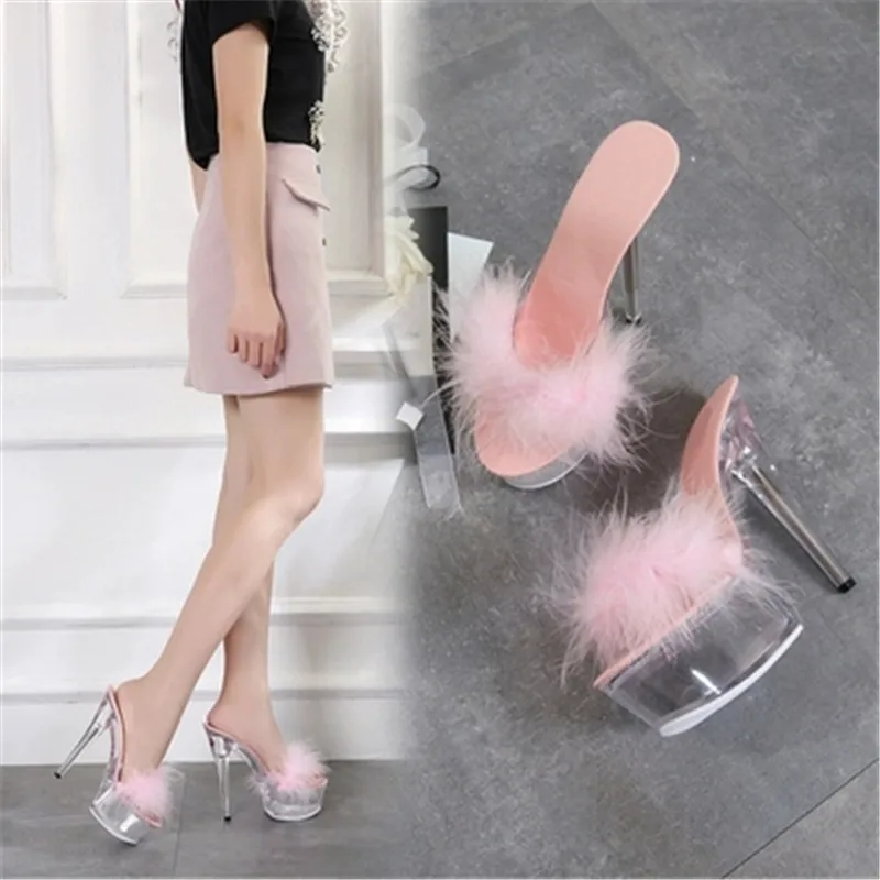 Transparent stiletto sandals, sexy 15 cm, feather uppers fashion dancer slippers