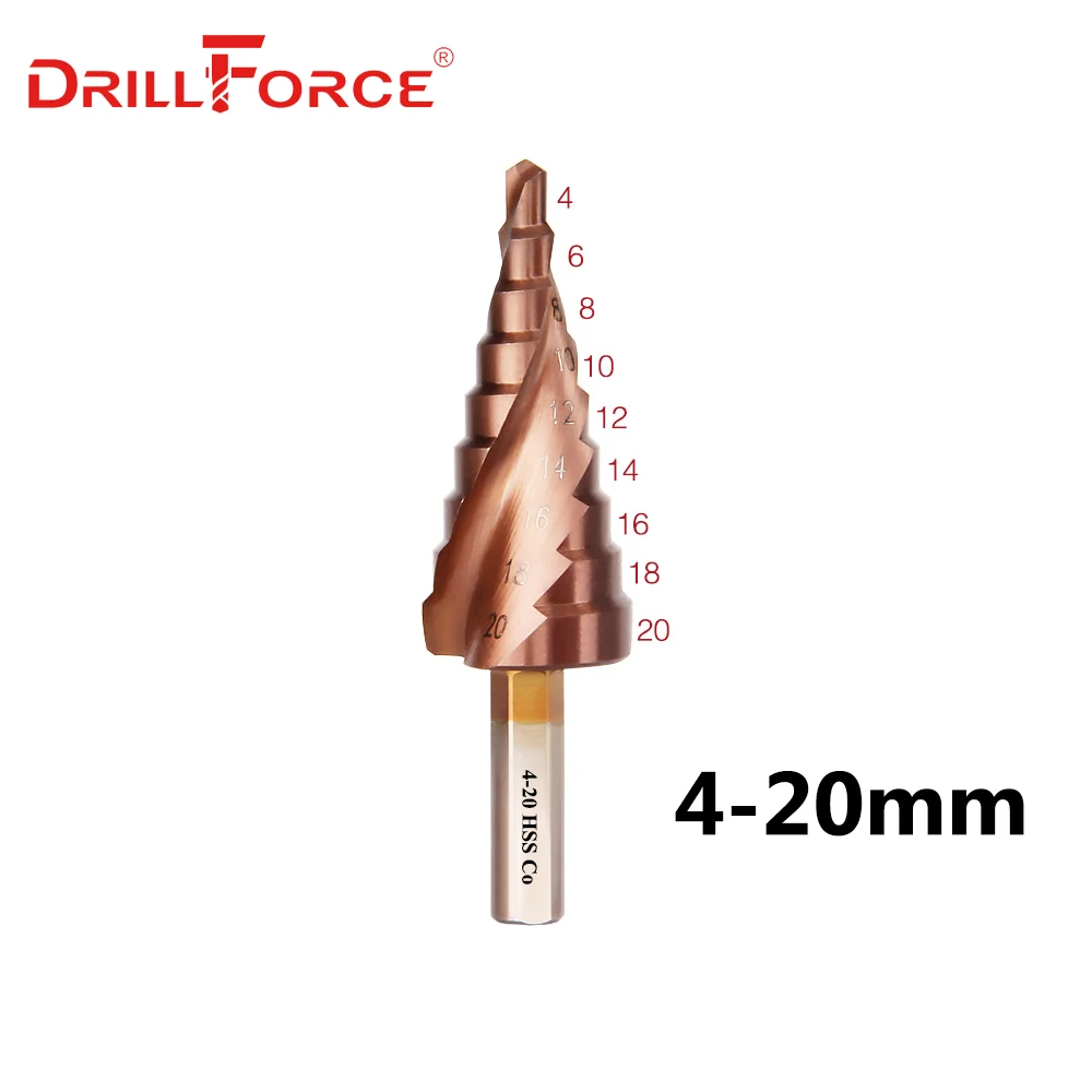 Drillforce M35 Cobalt Step Drill 4-12/4-20/4-32mm High Speed Steel Drill Bits Spiral Groove Triangle Shank For Stainless Steel