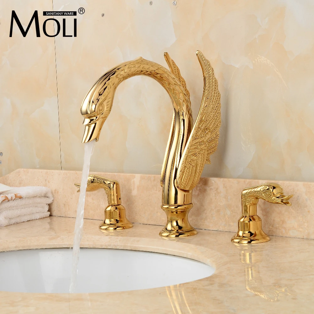 

Luxury copper gold finish bathroom faucet golden swan faucets double handle three hole vessel sink tap mixer ML921