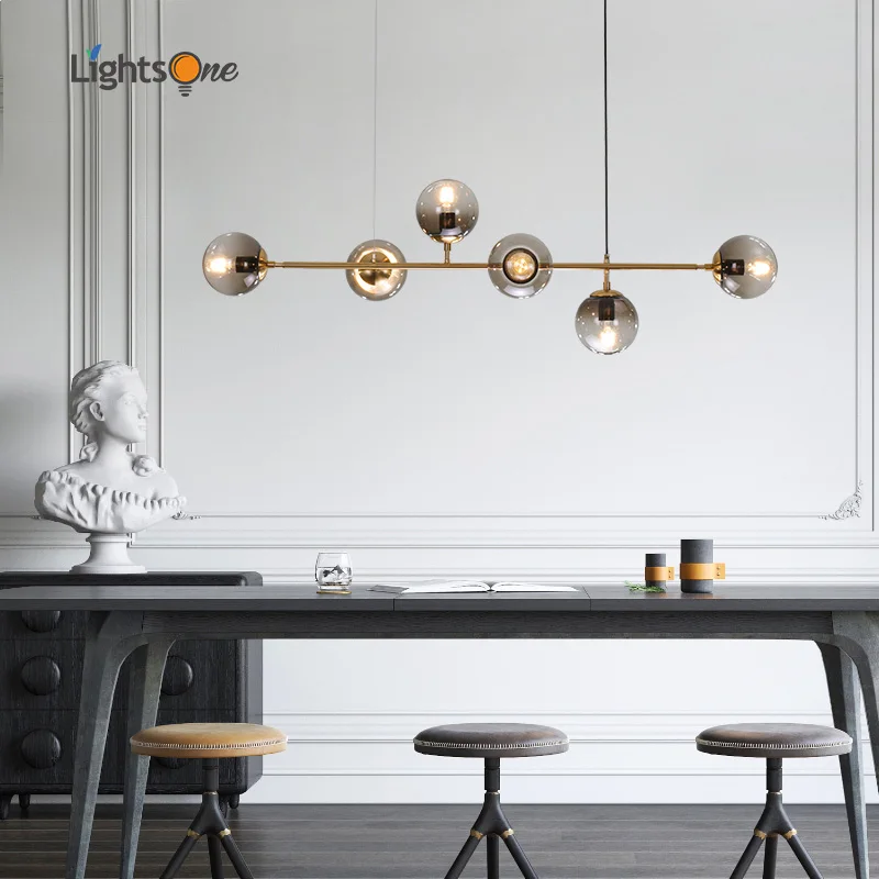 

Nordic designer long shape restaurant living room model room pendant lamp glass ball metal rod pendant lights