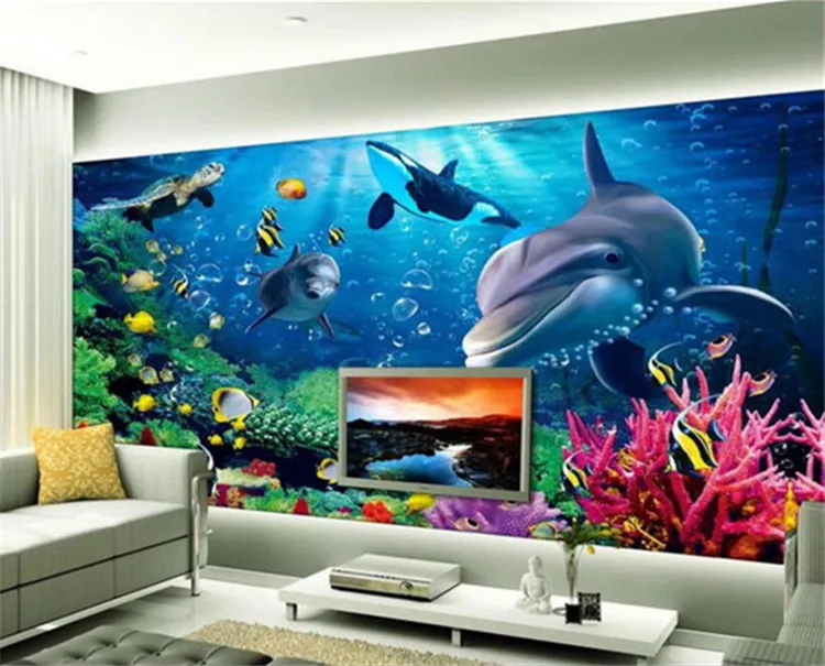 Custom warm bedroom wedding room living room TV background wallpaper 3D underwater world Dolphin decorative painting