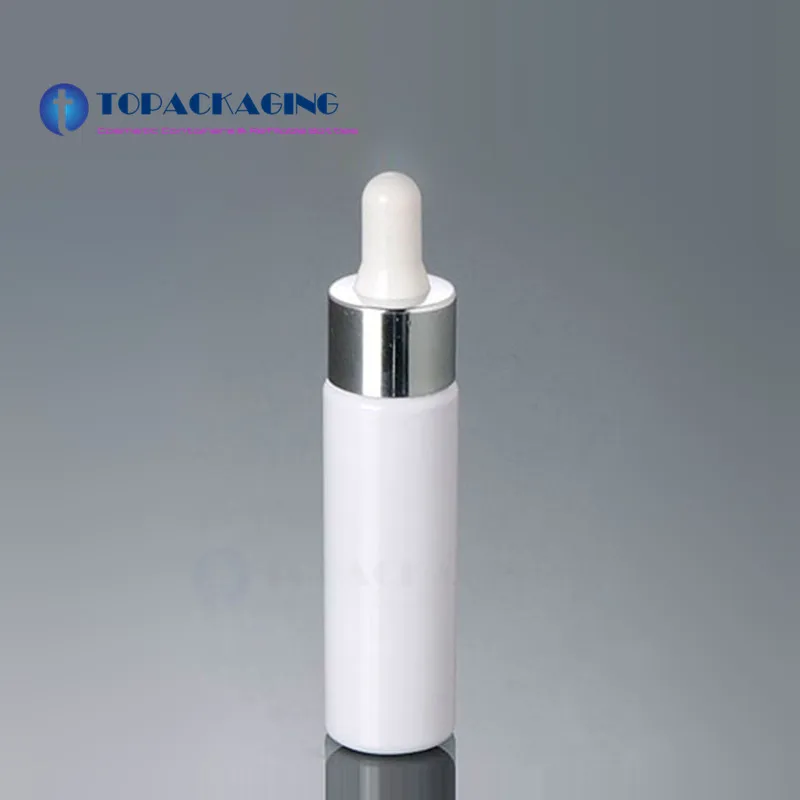 

30PCS/LOT-30ML Dropper Bottle,White Plastic Cosmetic Container,Silvery Anodized Aluminum Screw Cap,Empty Essential Oil Bottle