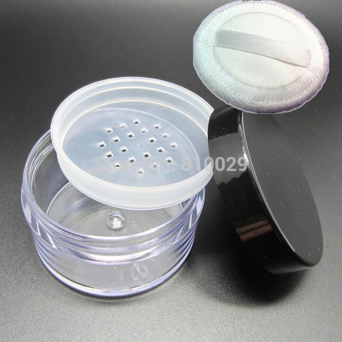 

20pcs/lot Empty Powder Compact Containe Black Cap 60ml Powder Jar 30g Compact with sifter and Sponge 68*40mm Cosmetics Packaging