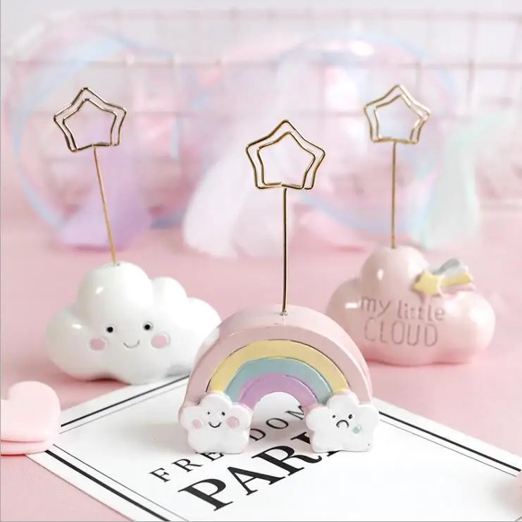 Kawaii Resin Awan Pelangi Laut Shell Foto Kartu Memo Dudukan Klip Pesta Pernikahan Klip Meja Dekoratif Gadget Ornamen