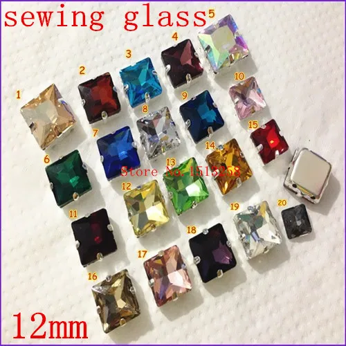 

12mm 50Pcs/Lot Sew On Glass Crystal Square Rich Colors Fancy Stone with 4 holes Metal Claw Setting