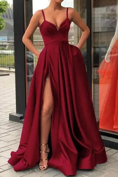 Nach Maß Abendkleid mit High Slit Satin Royal Blue Spaghetti-trägern Schatz Lange Abendkleid 2020