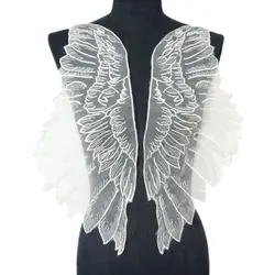 2PCS White Fabric Feather Wings Wedding Gown Appliques Embroidered Lace Collar Sew On Patches For Dress DIY Decoration