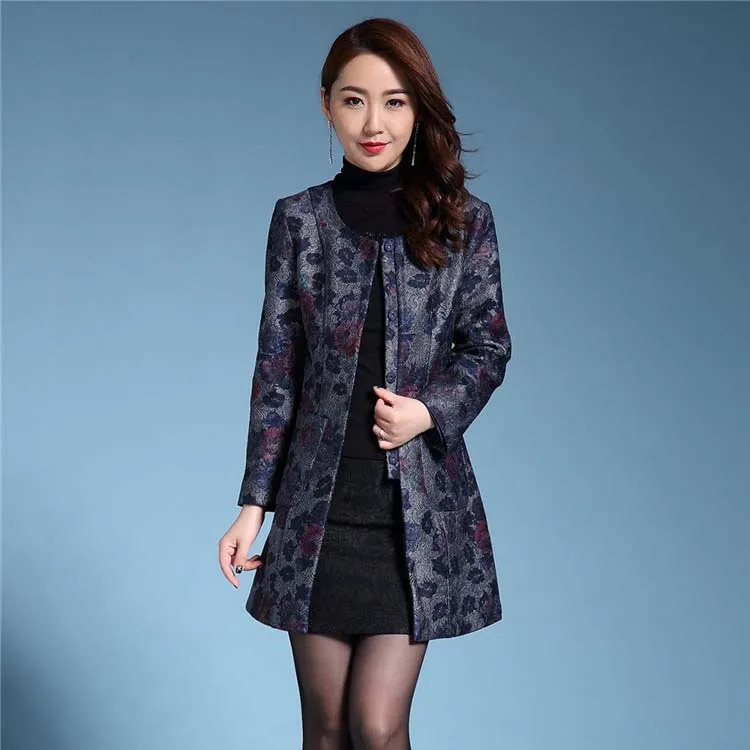 Plus Size S-5XL 2021 Trenchcoat Vrouwen O-hals Jacquard Bovenkleding Dobby Vrouwen Loopgraven Moeder Doek Bloem Jas Loopgraven