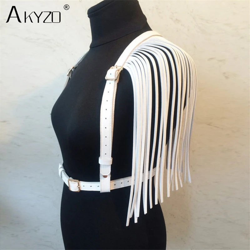 AKYZO Women PU Leather Crop Top Fashion Adjustable Waist Harness Bondage Belt Tassel Costume Party Stage Performance Tank Top