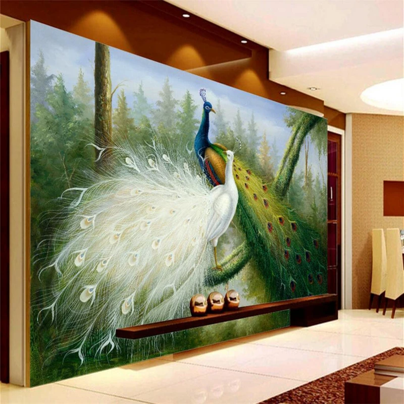 Beibehang papel de parede foto personalizada floresta pavão pintura a óleo fundo decorativo papel de parede de 3d para