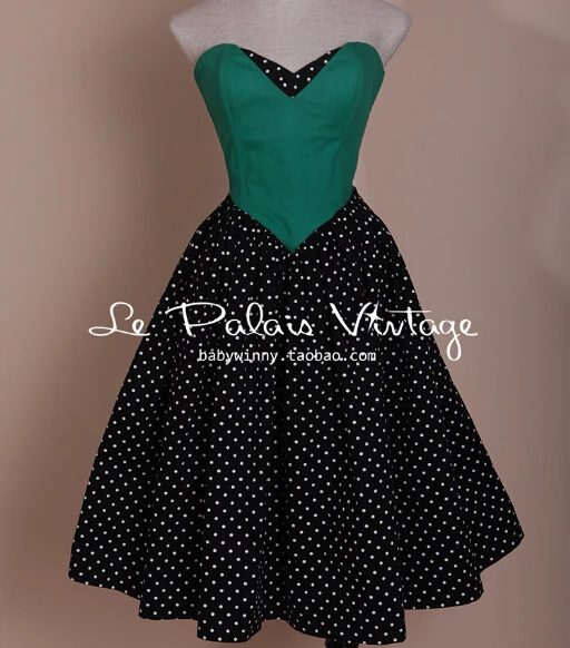 le palais Europe Palace Sweet Lolita Vintage Lady Polka Dot Emerald Color Block Bandage High Waist Dress Tube Top Sexy Dress