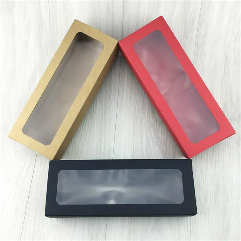 

20pcs/lot Brown Kraft Paper Box With PVC Window Gift Box Kraft Carton Packaging Cookie Cake Macaron Box Red/Black Gift Box