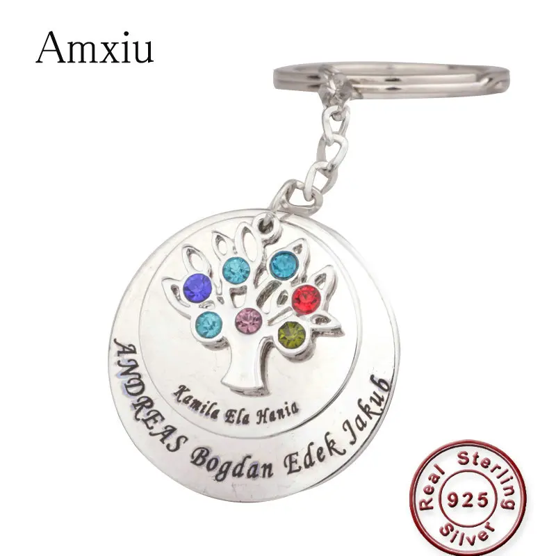 Amxiu Three Parts 925 Sterling Silver Keychains Custom Seven Names Team Family Tree Key Chains Zircons Pendant Keys Accessories