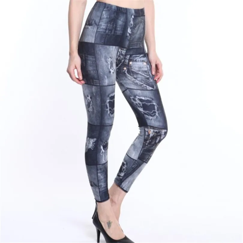 Chsdcsi Musim Panas Dicetak Legging Workout Celana Elastis Tinggi Pinggang Wanita Leggins Faux Denim Jeans Legging Sexy Kebugaran Legging