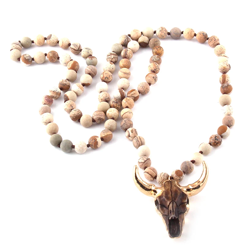 Fashion Bohemian Jewelry Amazonite Stone Knotted Horn Pendant Necklace For Women Beaded Necklace