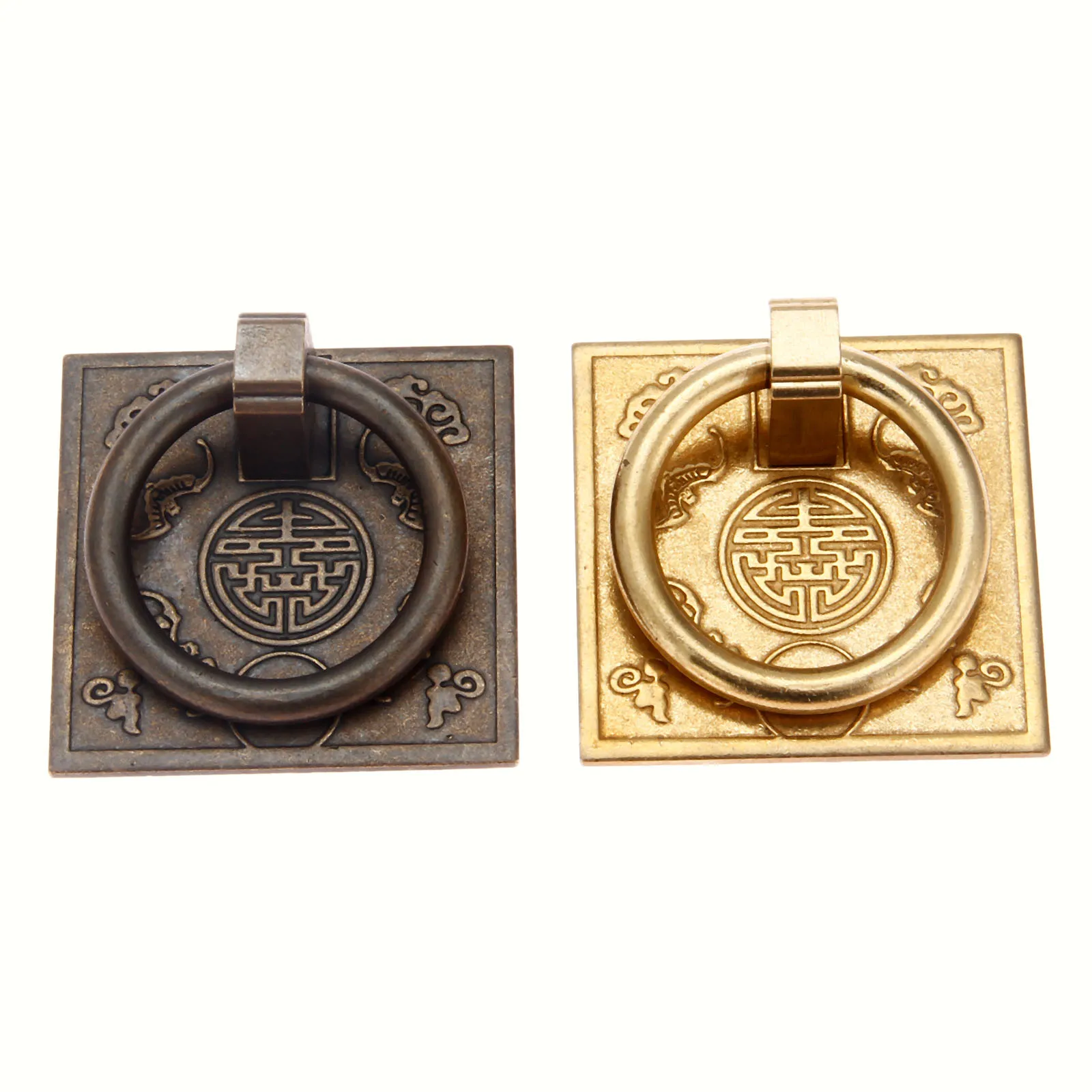 Manija de puerta de gabinete de latón de Bronce Antiguo, manija de gota de estilo chino, manija de cajón de anillo de armario, 60x60mm