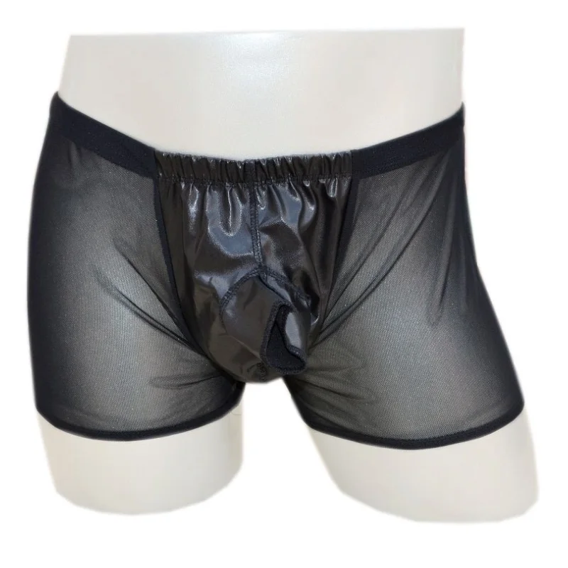 Sexy men's underwear Opening male faux leather sets panties gauze breathable transparent trunk boxer underwear