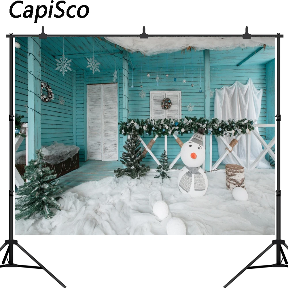 

Capisco Blue wooden house House Snowman Christmas Photography Backgrounds Customized Photographic Backdrops For Photo Studio